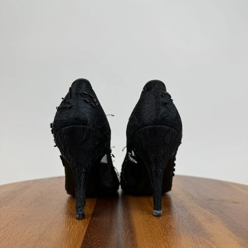 Womens Susan Bennis Warren Edwards Black Lace Beaded Heels‎ Pumps Size 6 M GUC